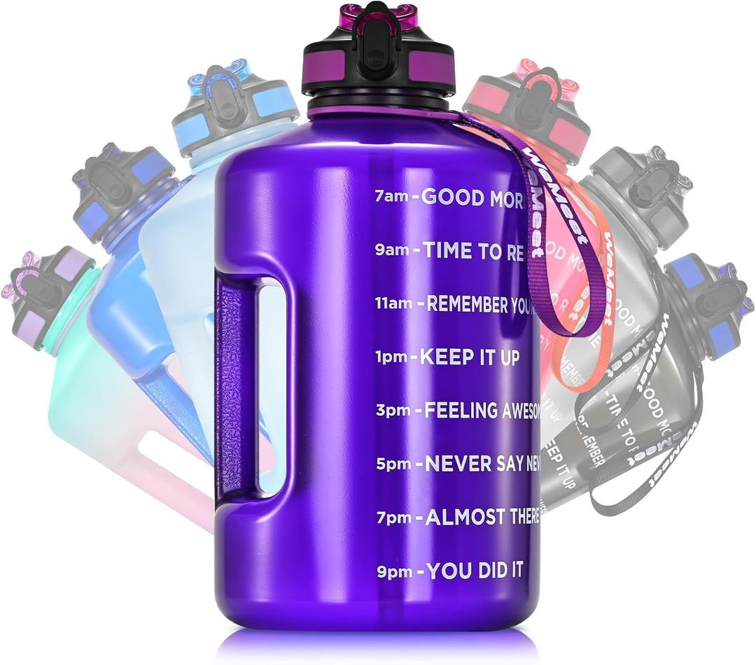 WEMEET Leakproof Water Bottle Motivational with Straw & Strap, BPA Free, 128 oz Gym Water Bottle with Time Marker, Water Jug for Outdoor Enthusiasts (Purple Blue)