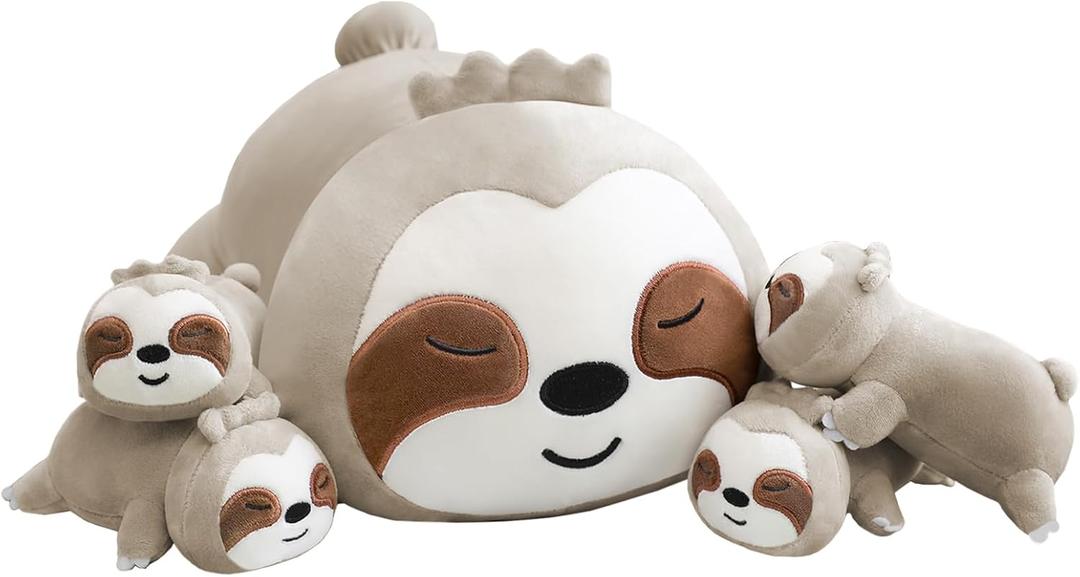TOYSYM Sloth Stuffed Animal Cute Sloth Plush Pillow with 4 Baby Plushies in Her Tummy, Soft Cotton Stuffed Animals Toy Gifts for Kids