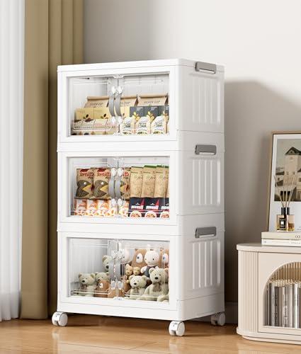 Hanyi 105 QT Stackable Storage Bins with Lids, 3 Tier Collapsible Plastic Storage Cabinet with Magnetic Doors, Removable Top Lid, Locking Wheels, Closet Organizer for Bedroom, Pantry, Office