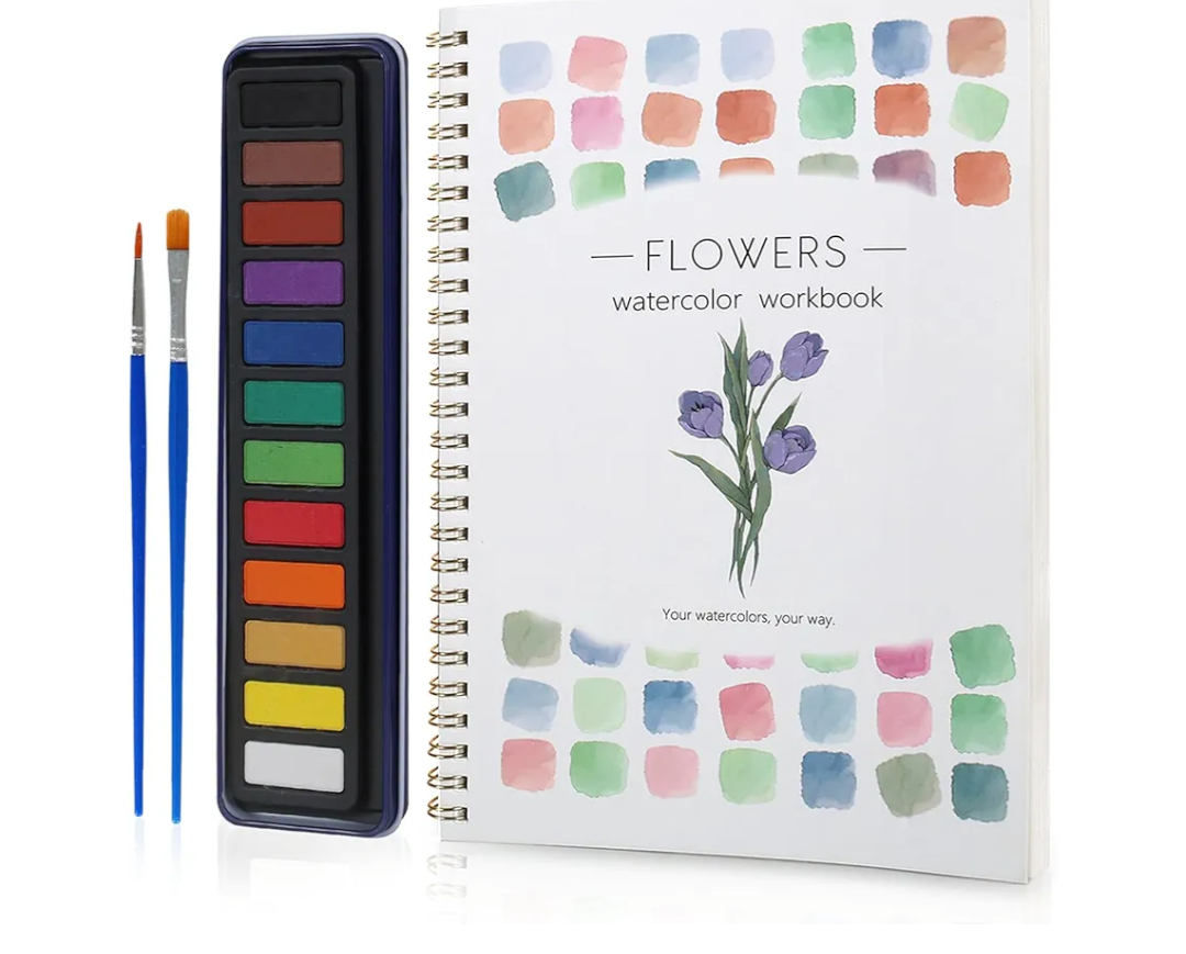 Beginner Watercolor Workbook Kit, Multi Theme with 12-Color Palette & 2 Brushes, Premium Bleed-Resistant Paper Art Set for Beginner & Adults, Easy-to-Learn Painting Kit for Creative Exploration & Gifting