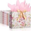 Kolldenn 12 Set Mother's Day Large Floral Gift Bags with Tissue Paper, 12.6" Vintage Pink Rose Gift Bags with Gold Bow & Handles for Mom, Women, Wedding, Bridal Shower, Birthday, Graduation