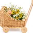 Wicker Baby Carriage 18.11"L x 12.01"D x 18.5"H Flower Basket Cart with Wheels Natural Woven Rattan Floral Display Stroller Style for Wedding Baby Shower Bridal Party Garden Home Decor Photo Props