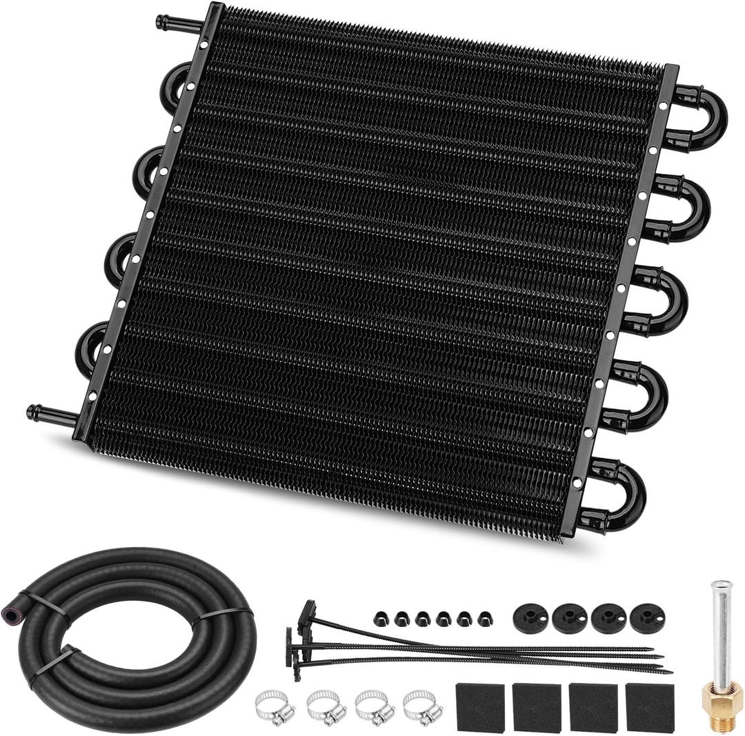 Upgrade 10 Pass Aluminium Transmission Oil Cooler, 5/16" Universal 10 Rows Tube And Fin Cooler Kit Engine With Hose Mounting, Black