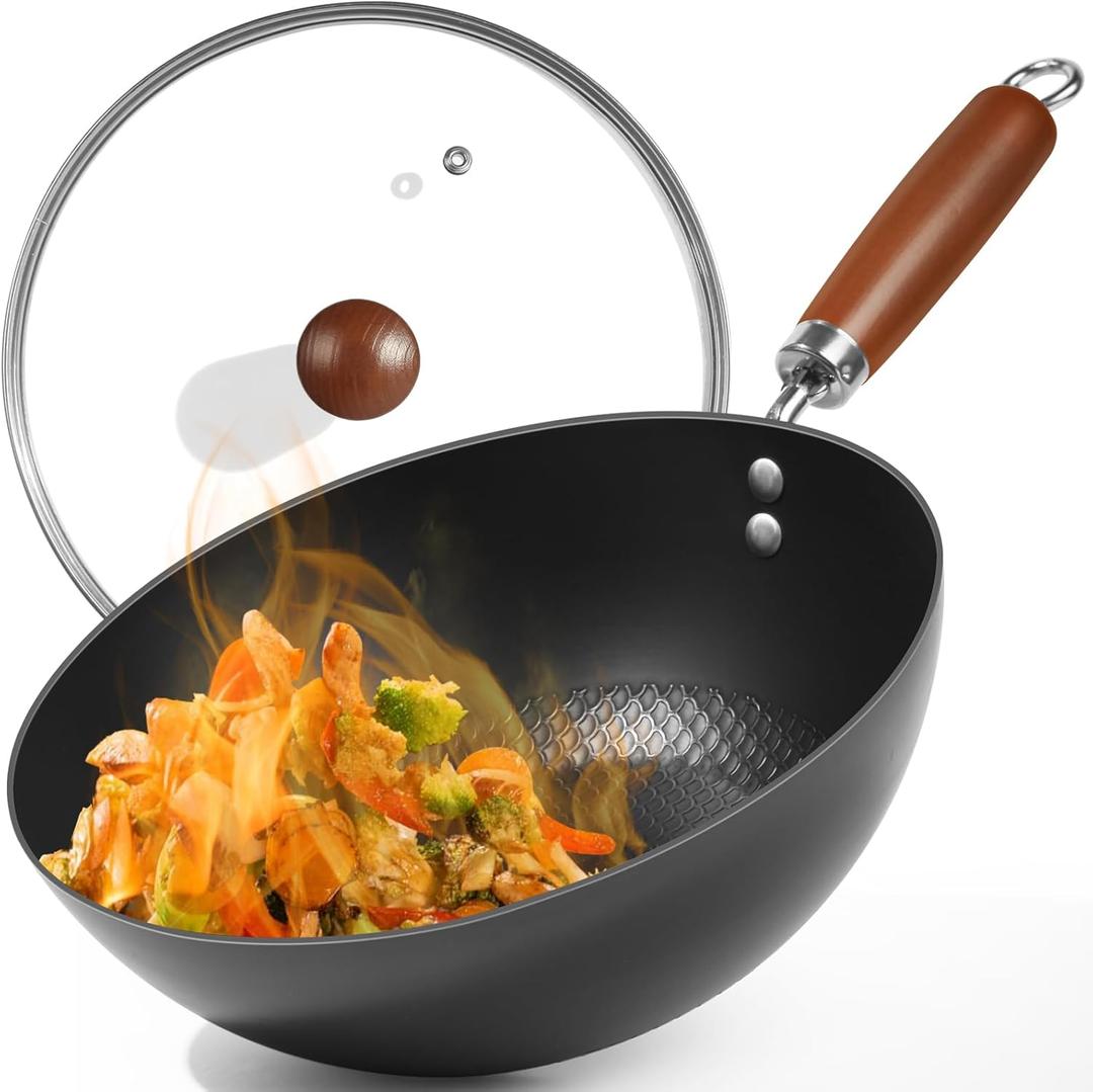9.5-Inch Stir-Fry Woks & Pans Set with Glass Lid, 1.65lb Lightweight