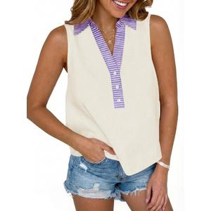 Tankaneo Womens V Neck Cropped Tank Tops Button Up Color Block Tees | Sleeveless Shirts, Loose Fit, Summer Dressy Casual (Beige, M)