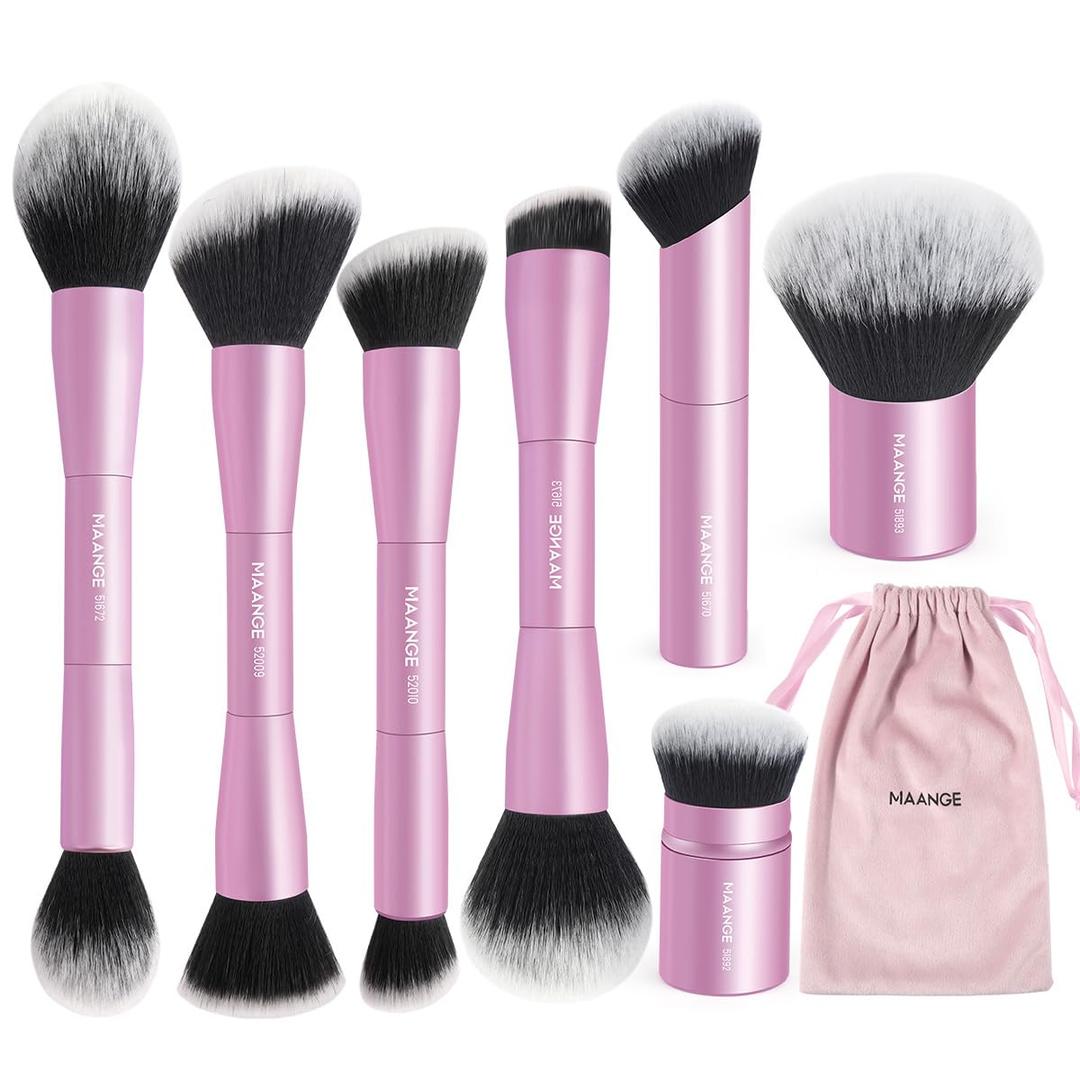 MAANGE 7pcs Makeup Brush Set Double Sided Kabuki Makeup Brushes Contour Brush for Foundation Liquid Powder Concealer Cream Cosmetics Bronzer Blending Blush Buffing Makeup Tools (Pink)