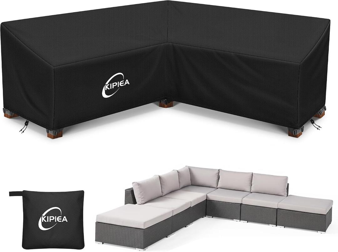 Kipiea Patio V-Shaped Sectional Sofa Cover, 420D Heavy-Duty Oxford Fabric Outdoor Sectional Cover with 6 Windproof Buckles, Anti UV and No Tears, No Fading (105"/105" L x 33.5" D x 31" H) Black