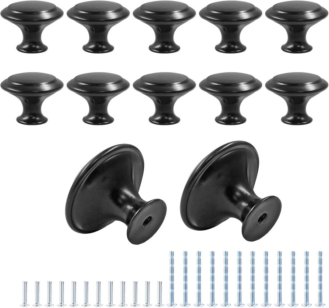 Waziaqoc 12PCS Black Mushroom Knobs, Stainless Steel Dresser Knobs, 1-3/16 inch Diameter Round Drawer Knob Pull Handle with Mounting Screws for Chest Cabinet, Cupboard and Drawer
