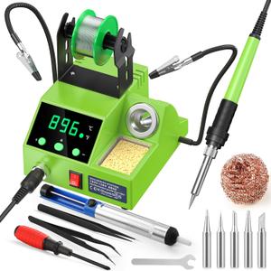 Soldering Station, 100W Digital Display Soldering Iron Station Kit with 2 Helping Hands, 356F - 896F, Auto Sleep, C/F Conversion, Solder Wire, Tips, Stand, Pump, Tweezers, Tip Cleaner, Green
