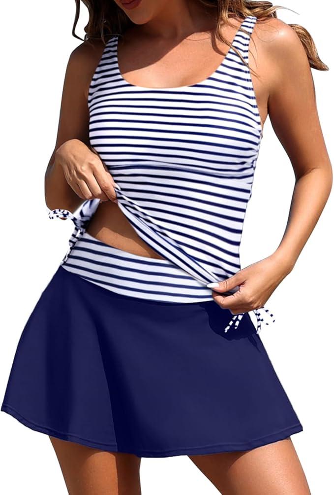 Daci Tankini Bathing Suits with Skirt - Women 2 Piece Swimsuits Tummy Control Swimwear Blue Stripe, Small