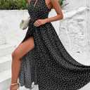 Women Casual Summer Polka Dot Sleeveless Midi Dresses Bohemian Side Slit Wedding Guest Long Dresses (Black, XL)