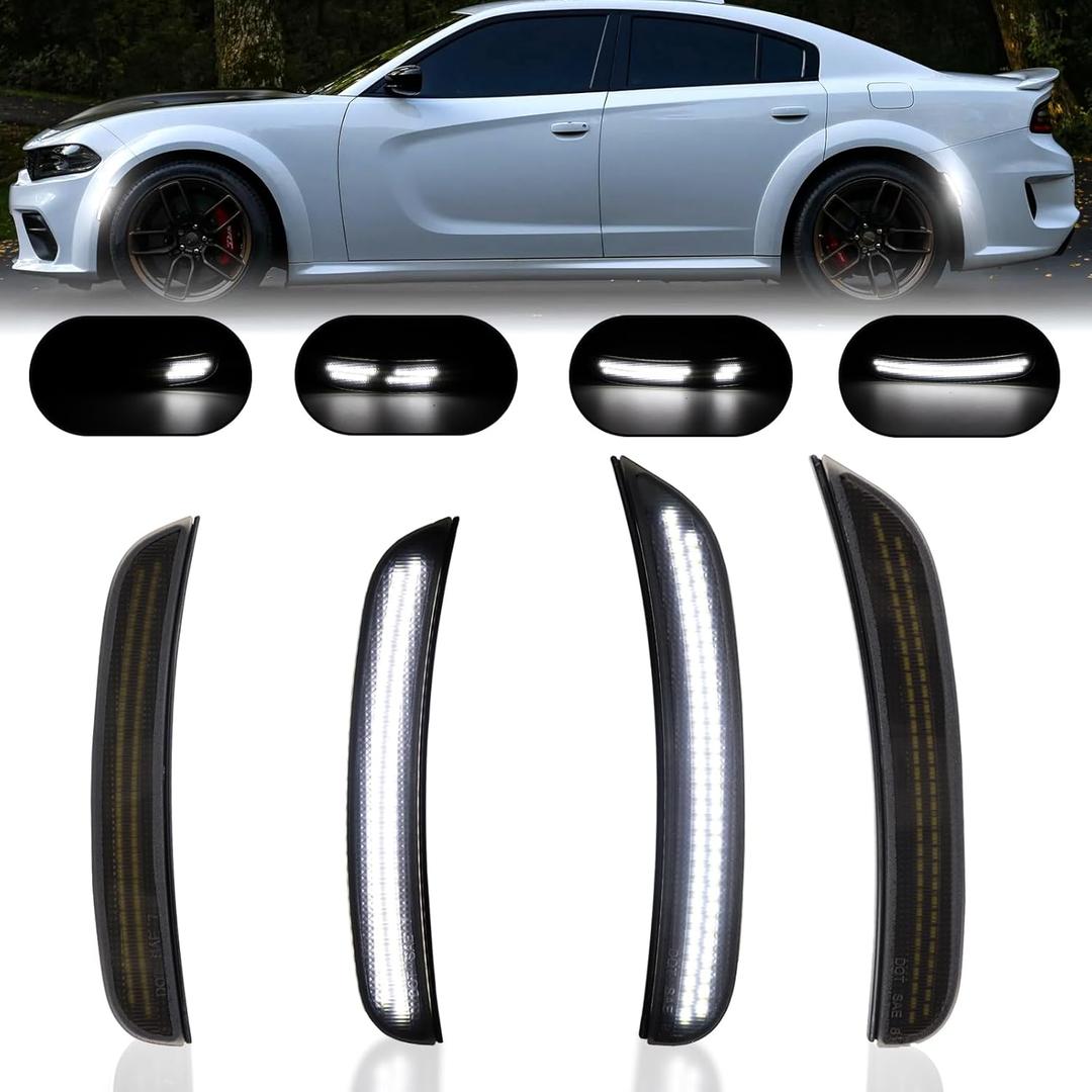 Dynamic White LED Side Marker Lights Assembly for Dodge Charger 2015-2024 Front & Rear Bumper Sidemarker Lamp Scan Smoked Lens Pack of 4