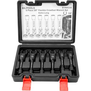 BILITOOLS 6PCS Long Flex Head Crows Foot Line Wrench Set, 3/8" Drive Injector Fuel Line Sockets Wrench Set, Crowfoot Flare Nut Socket Wrench Metric 12 14 16 17 18 19 mm
