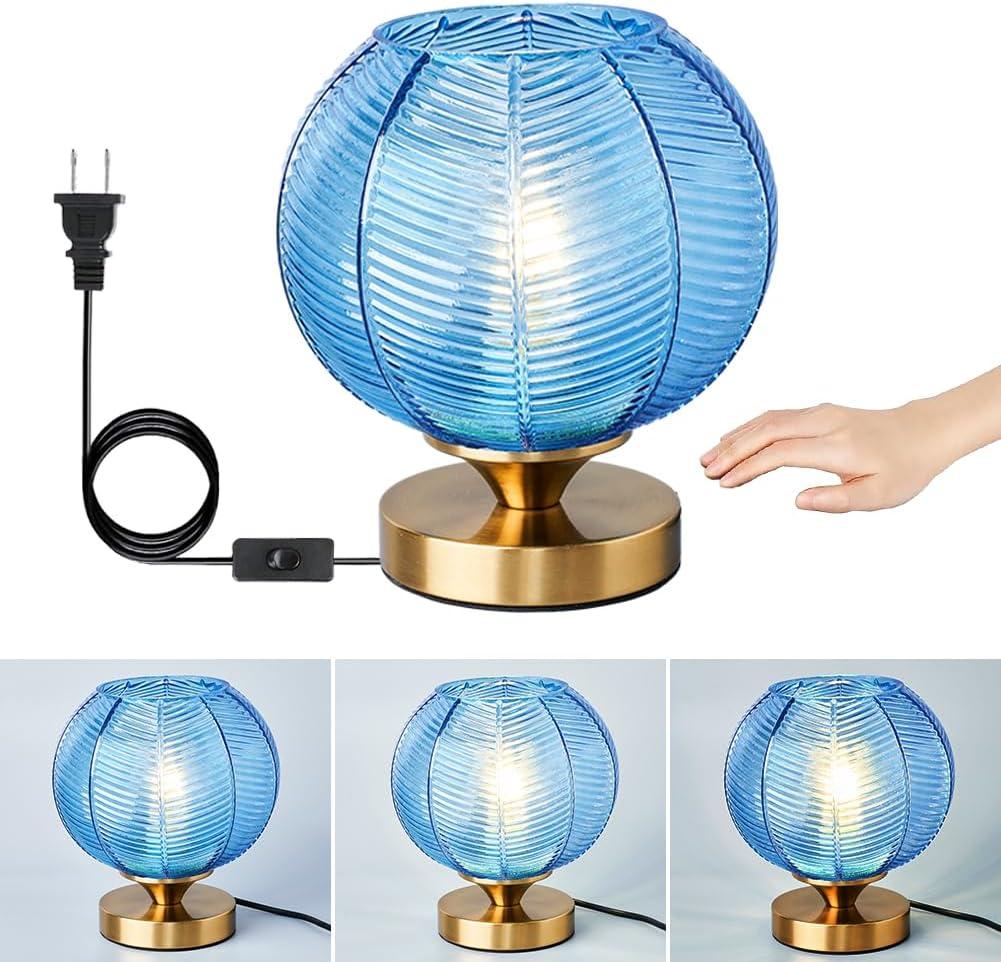 Mid-Century Modern Glass Table Lamp 3 Brightness Levels Dimmable Touch Control Desk Lights with Plug in Cord On/Off Switch, Globe Decor Nightstand Lamps for Bedroom Living Room Office (Blue)