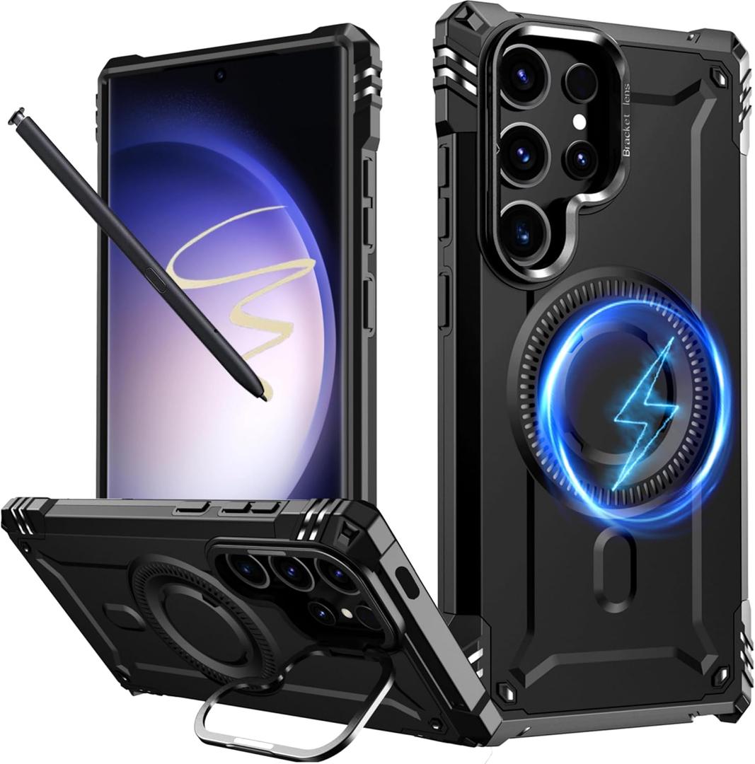 FUNMIKO for Samsung Galaxy S25 Ultra Case,Wireless Charging Compatible,Built-in Hidden Metal Kickstand,Military-Grade Shockproof Protective Phone Cover for Men Women Girls,Black