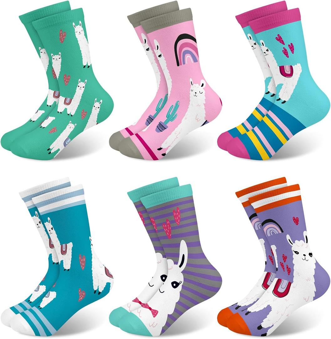 Toddler Girls Socks Animal Crew Cute Llama Print Pattern Kids Sock Birthday Gift 6 Pairs 8-11Y