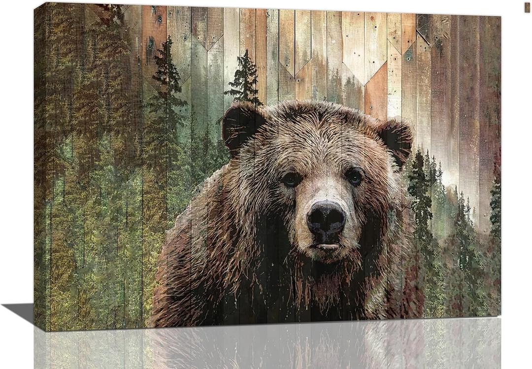 Yibuda Farmhouse Bear Wall Art Rustic Forest Pictures Decor Woodland Wildlife Painting Canvas Print Framed Home Artwork For Living Room Bathroom Bedroom Kitchen Office 24"L x 16"W, Forest Bear