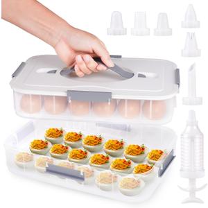 2-Layer Deviled Egg Containers with Lid, 36 Slots Deviled Egg Tray Carrier with Handle and Deviled Egg Injector Piping Tool, Portable Egg Storage Carrier Tray Platter for Party Picnic Travel (White)