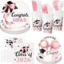 Yungyan 252 Pcs Pink Bow Graduation Cap Party Tableware Set Included Plates Napkins Cups Forks Knives Cutlery for Party Decorations Supplies 36 Guests