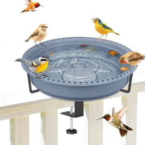 Bird Baths for Outdoors, Rustproof Metal Clamp Birdbaths & Birdfeeder with Detachable Plastic Basin, Outdoor Bird Feeding & Watering Station for Wild Birds Garden Patio Balcony (Grey)