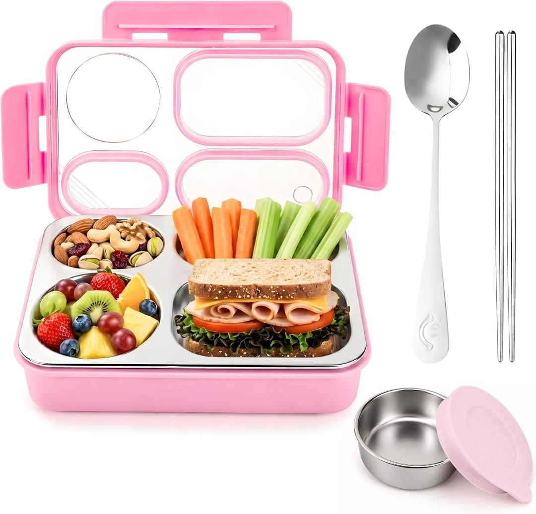 Homaze Kids Stainless Steel Bento Lunch Box, 4-Compartment Food Container with Condiment Cup, Chopsticks and Spoon, Leak-Resistant (Pink)