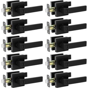 10 Pack Black Door Handle Interior Privacy Door Levers Set, Keyless Square Door Knob Lock for Bedroom or Bathroom, Heavy Duty Door Handles with Reversible Handle for Left Right Sided Doors (Matte Black Finish)