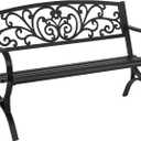 Patio Garden Bench 50 inch Outdoor Metal Loveseat Chairs with Armrests Slatted Seat and w/Floral Design Backrest for Park, Yard, Porch, Lawn, Balcony, Backyard, Black