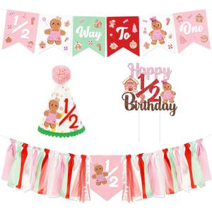 1/2 Birthday Christmas Half Birthday Decorations - Christmas It's My 1/2 Bday Banner Glitter Cake Topper Tassel High Chair Banner & Cone Hat Halfway to One Boy Girl Party Supplies (Red)