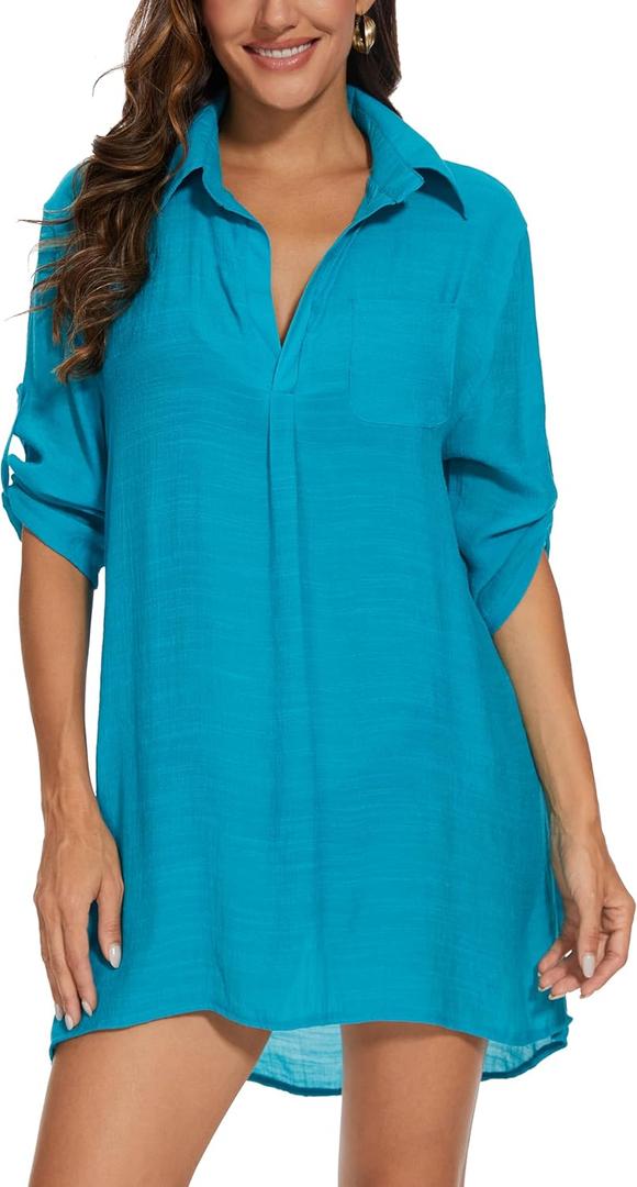 Women's Swimsuit Cover Ups Beach Bathing Suit Bikini Coverup Top for Swimwear Summer V-Neck Shirt Dress (Large, Cyan)