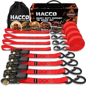 Haccoplanet Ratchet Tie Down Straps, 2340lb Break Strength, 4pc 1inch x 16FT Ratchet Strap Set with Padded Handles & Coated S Hook W/Safety Clip, Cargo Strap Tie-Down for Motorcycle, Truck (Red)