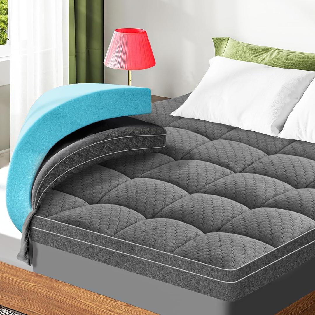 Dual Layer 3 Inch Memory Foam Mattress Topper King Size, 2 Inch Cooling Gel Memory Foam Plus 1 Inch Pillow Top Mattress Pad Cover, with 8-21 Inch Deep Pocket, Grey