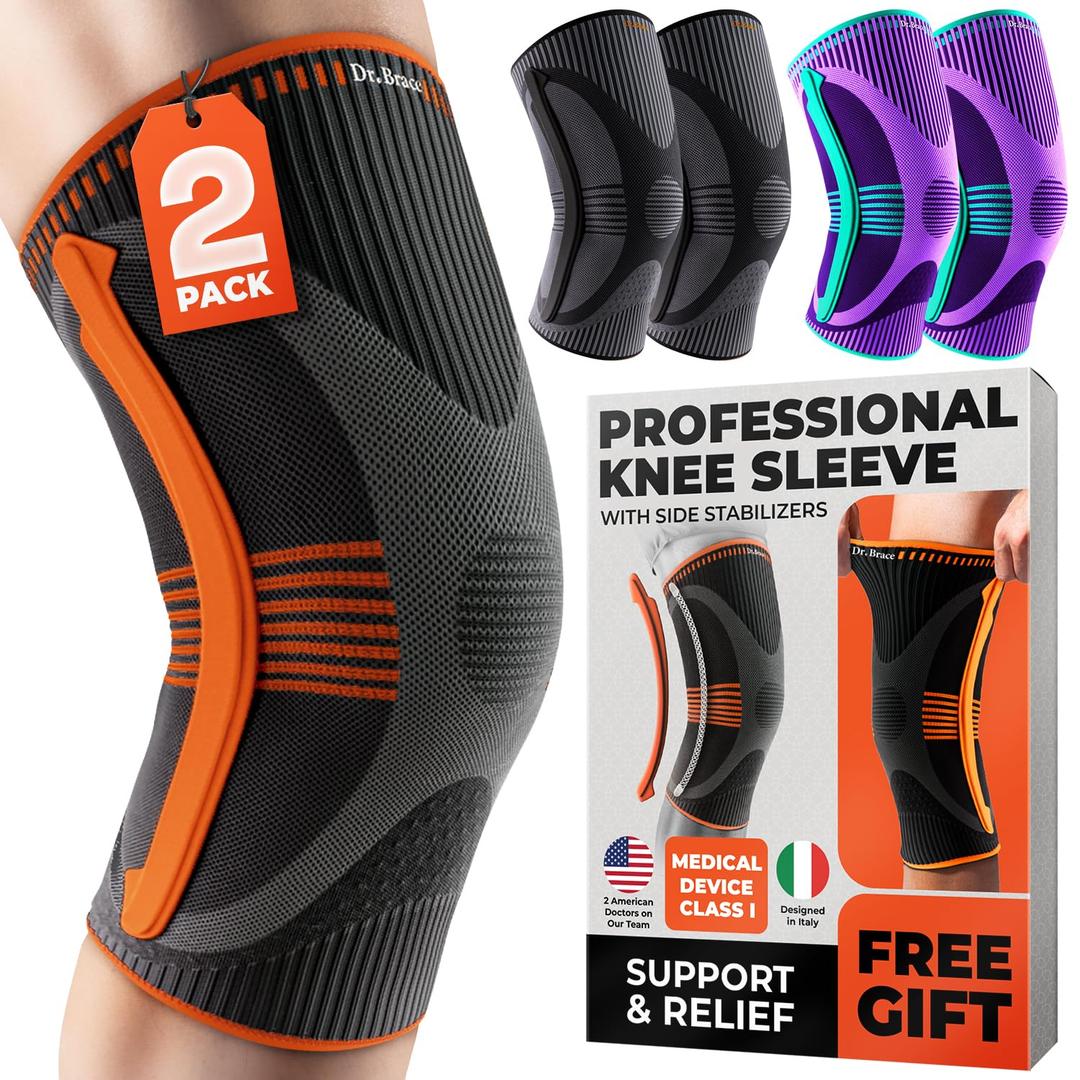 DR. BRACE ELITE Knee Brace with Size Stabilizer (2 Pack) Knee Brace for Women & Men, Workout, Sports, Daily Knee Compression Sleeve for Maximum Knee Pain Support & Fast Recovery (Mars, Large)