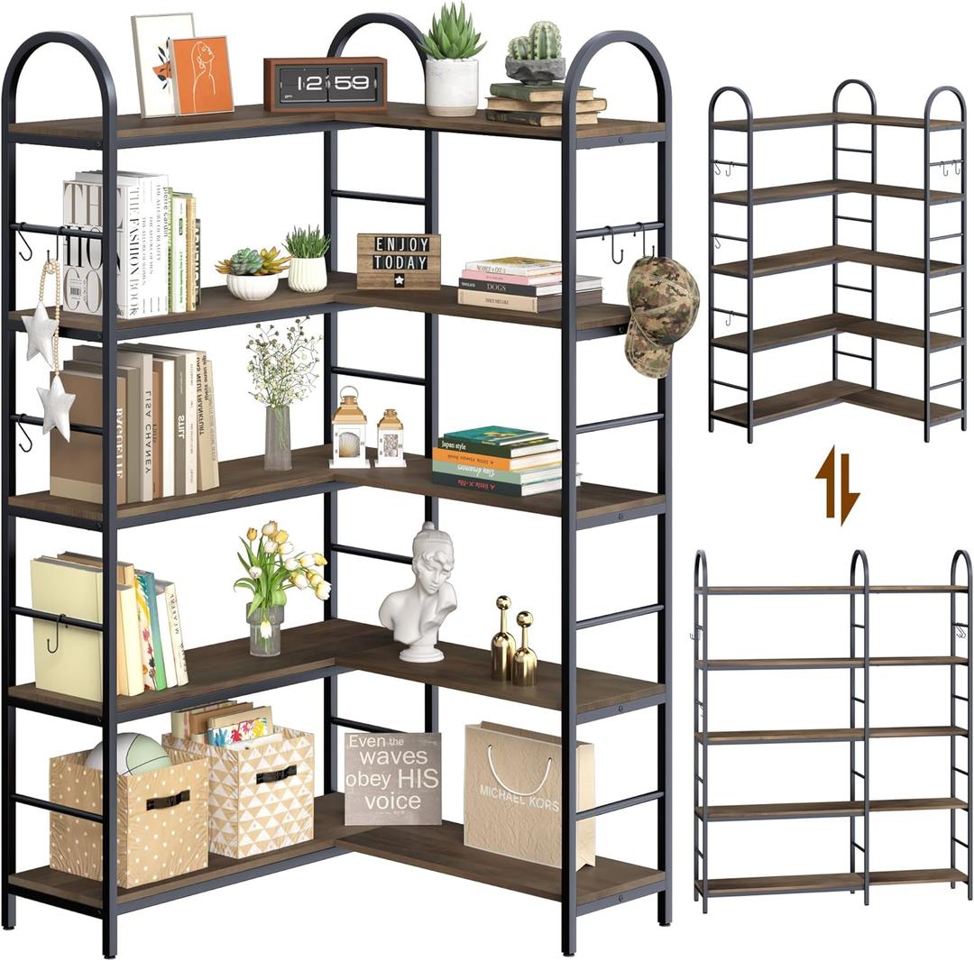 5 Tier Wooden Corner Bookshelves, 67 Inch Dark Brown Vintage Geometric Bookcase, DIY Bookcase Industrial Open Bookshelf, Heavy Duty Display Shelves Organizer for Living Room,Home Office.