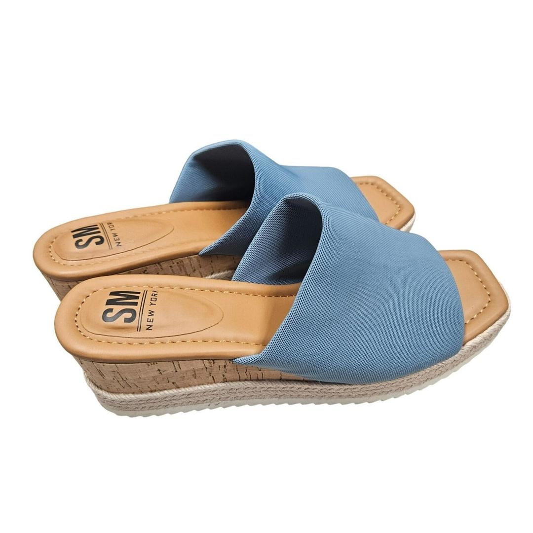 SM New York NIB Blue Wedge Mule Sandals Cork Platform Textile Upper Espadrille 8