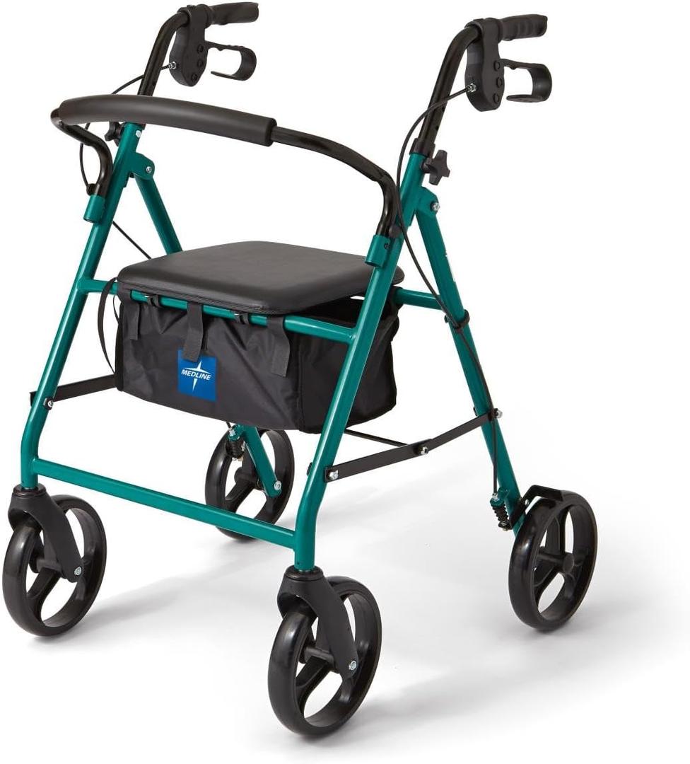 Medline Steel Rollator Walker for Adult Mobility Impairment, Green, 350 lb. Weight Capacity, 8 Wheels, Foldable, Adjustable Handles, Rolling Walker for Seniors