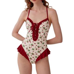 Women's Strawberry Print One Piece Beach Swimsuit with Cross-Back & Lace Trim,Tummy Control V Neck Bathing Suits (Red, L)