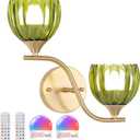 Battery Operated Wall Sconce, 2-Lights Vinatge Brass Wall Lighting with Green Tluip Shade Rechargeable Bulb with Remote for Living Room, Bedroom (1 pack)