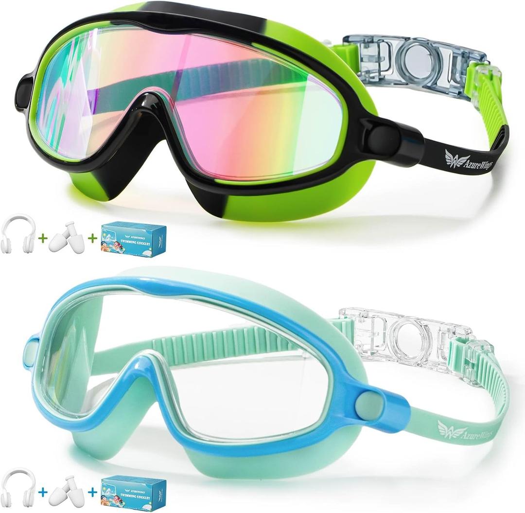 2 Pack Swim Goggles for Kids, No Leak Anti-Fog Anti-UV Swimming Goggles for Boys Girls Children 4-14 (Camo Mir-black & Blue Green)