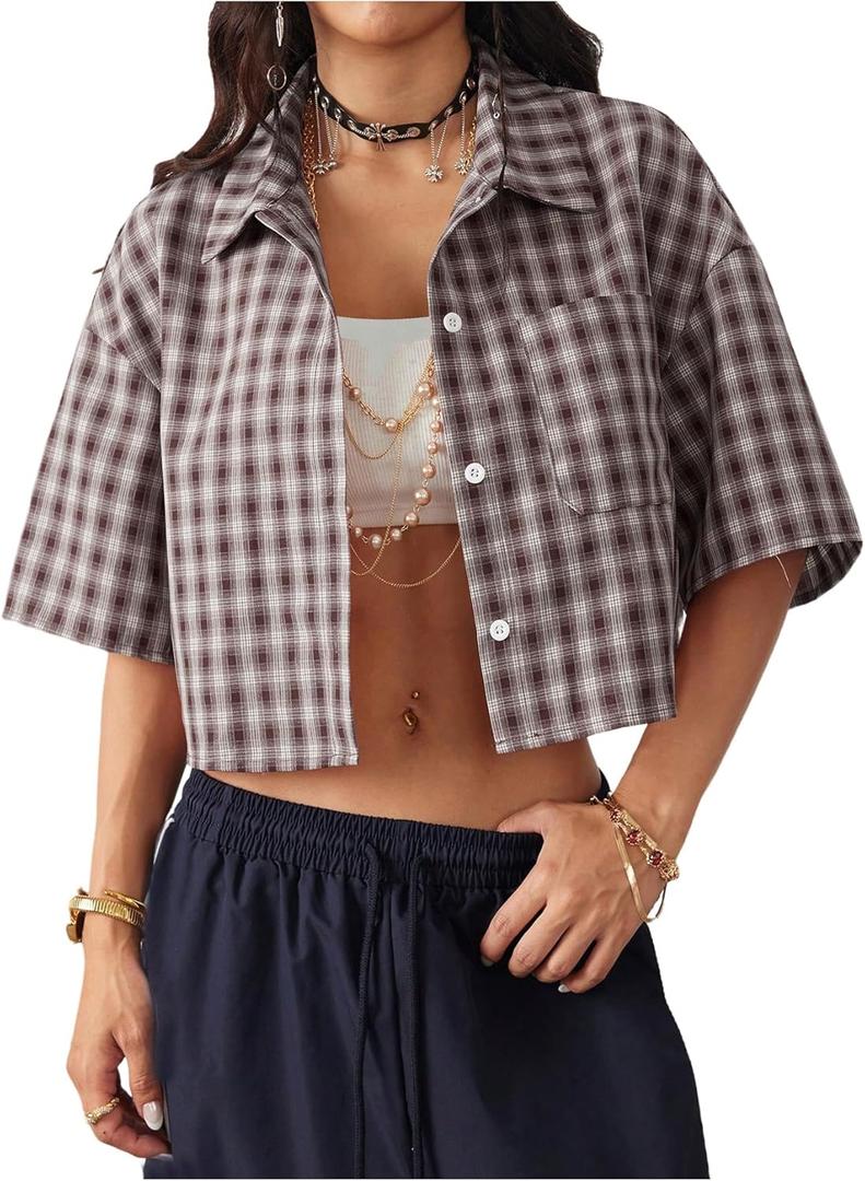 SOLY HUX Women's Button Down Vintage Plaid Shirts Short Sleeve Crop Blouses Preppy Clothes (Large, Coffee Brown Gingham)