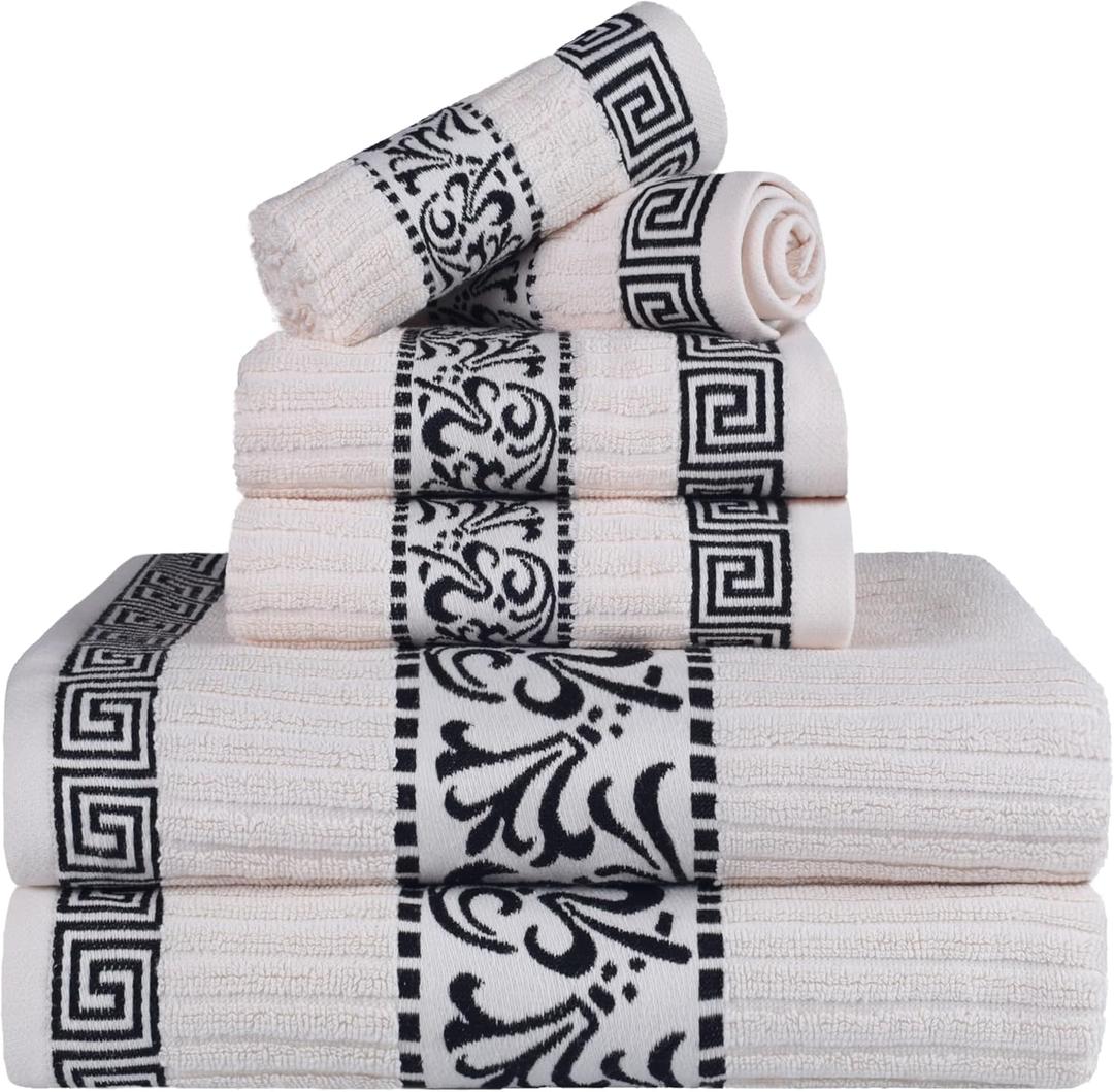 Superior 6-Piece Cotton Towel Set, Decorative Greek Pattern, Home Essentials, Absorbent Towels, Bathroom Decor, Spa, Resort, Includes 2 Hand, 2 Face and 2 Bath Towels, Athens Collection, Ivory-Black