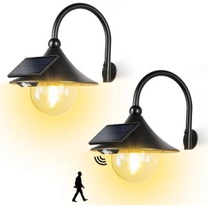 LUHLEE Solar Barn Light with Motion Sensor, Gooseneck Outdoor Solar Powered Lights for Garage, Shed, Chicken Coop, Warm White Waterproof Farmhouse Wall Light (2 Pack)