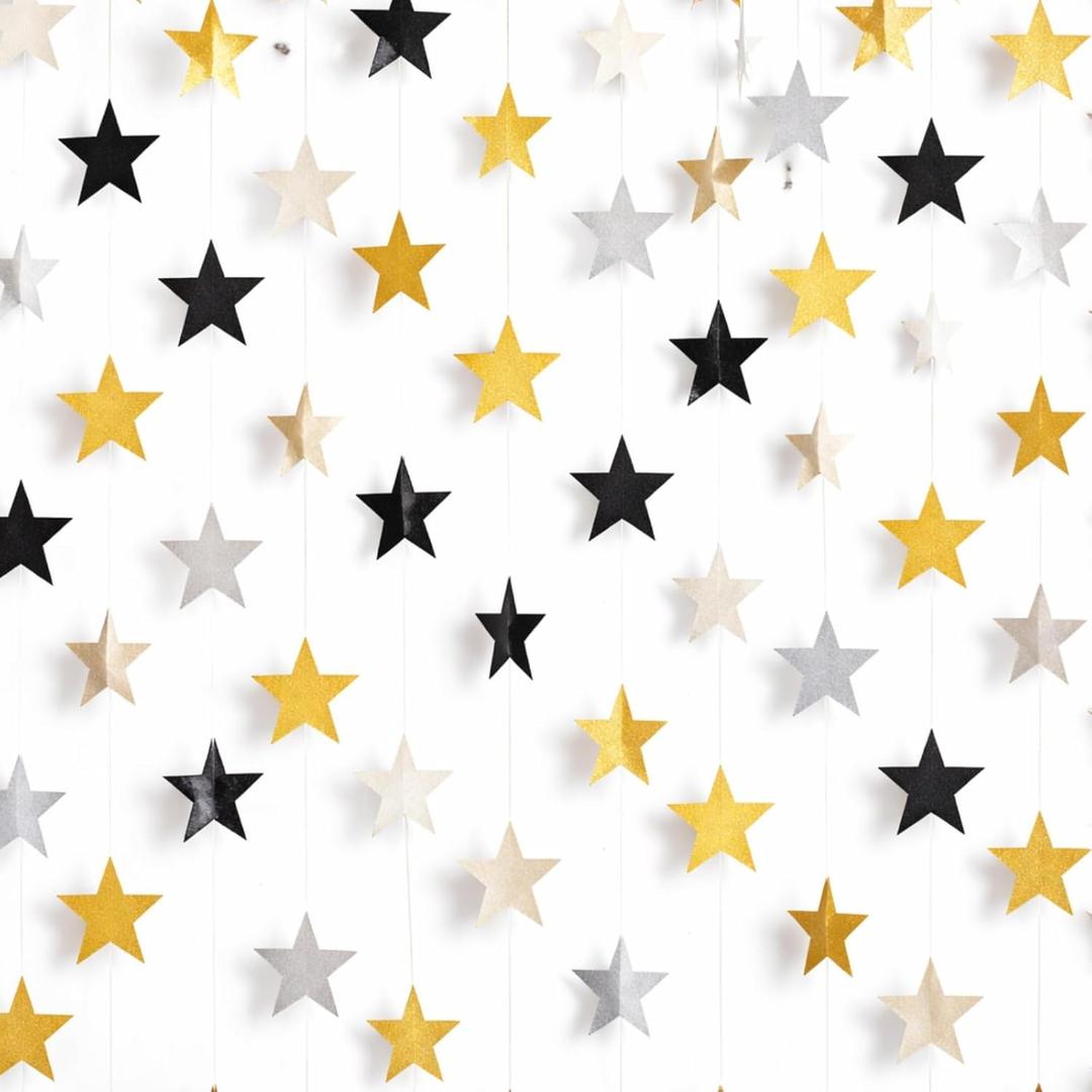 Patelai Glitter Star Garland Banner 2026 Graduation Decor 130 Feet Star Hanging Banner Twinkle Backdrop for Party Birthday Classroom Wedding Supplies(Silver Gold Black)