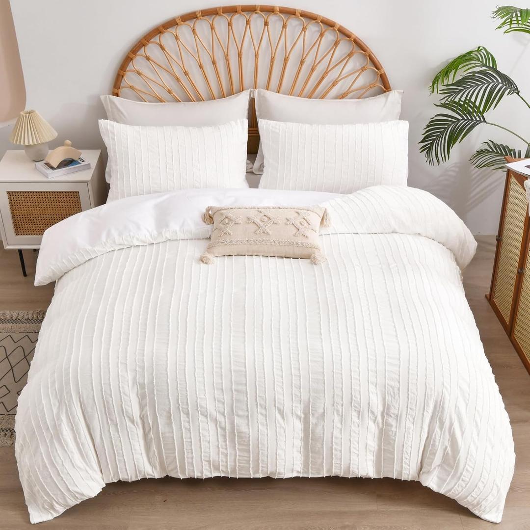 3 Pieces Plain Tufted Bedding Set Double Size White Soft Lightweight Microfiber Quilt Cover with Zipper Closure, Queen