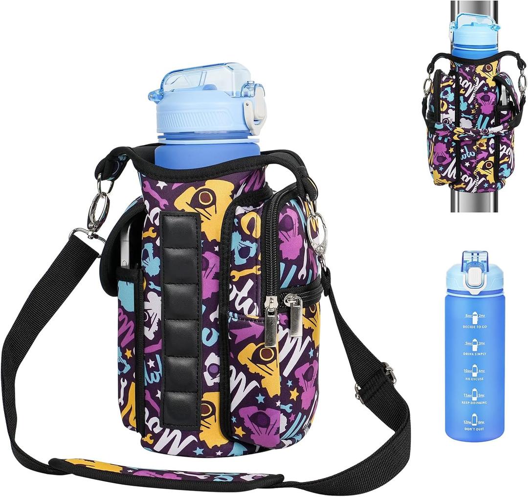 Magnetic Gym Bag with 27 oz Gym Bottle, Water Bottle Holder Pouch Carrier Bag with Adjustable Strap, Side Pockets, for Outdoor Workout (Pattern)
