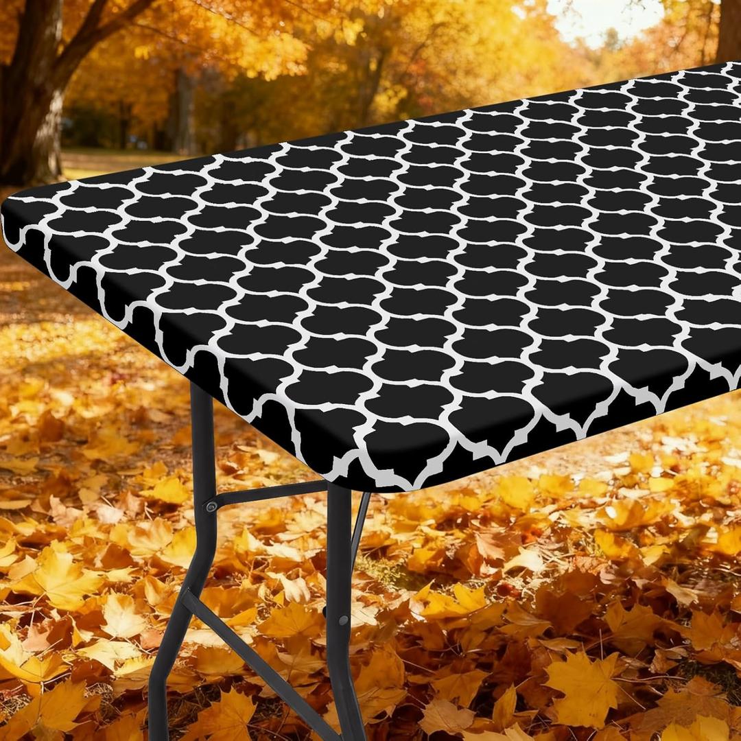 Smiry Rectangle Picnic Table Cover, Waterproof Elastic Fitted Camping Tablecloths for 4 Foot Tables, Wipeable Flannel Backed Vinyl Tablecloth Protector for Indoor, Outdoor (Black, 24x48 Inches)