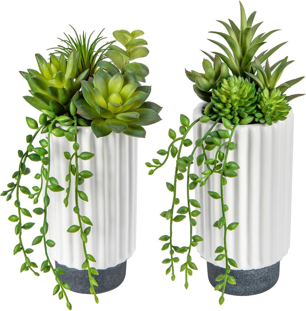Hollyone Artificial Succulents Plants Set of 2 Faux Succulents 9" Fake Succulent Plants in Ceramic Pot Succulent Plant for Desk Modern Home Living Room Office Table Shelf Bathroom Decor (Style 1)