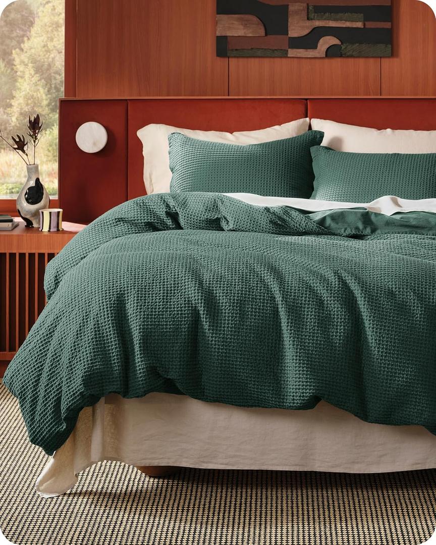 Bedsure Cotton Duvet Cover Queen - 100% Cotton Waffle Weave Forest Green Duvet Cover Queen Size, PureWoven Breathable Bedding Set for All Season, 3 Pieces, 90"x90"