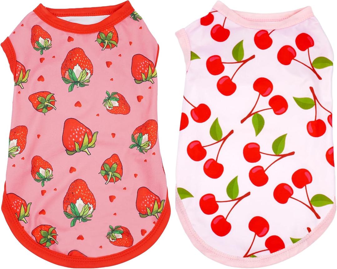2pcs/Pack Dog Shirts Sleeveless for Small Dog Girl Pink Red Strawberry Cherry Print Puppy Clothes Vest Outfit Light Soft Breathable