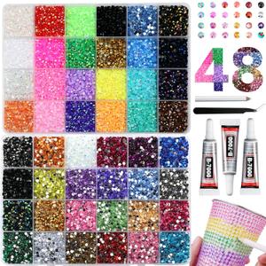 48000Pcs Resin Rhinestones for Bedazzling Kit, 48 Color 3mm Flatback Gems for Crafting Diamond Art with 3Pcs 10ml Jewelry Glue & Tools for Nail Book Painting Accessories (Red)