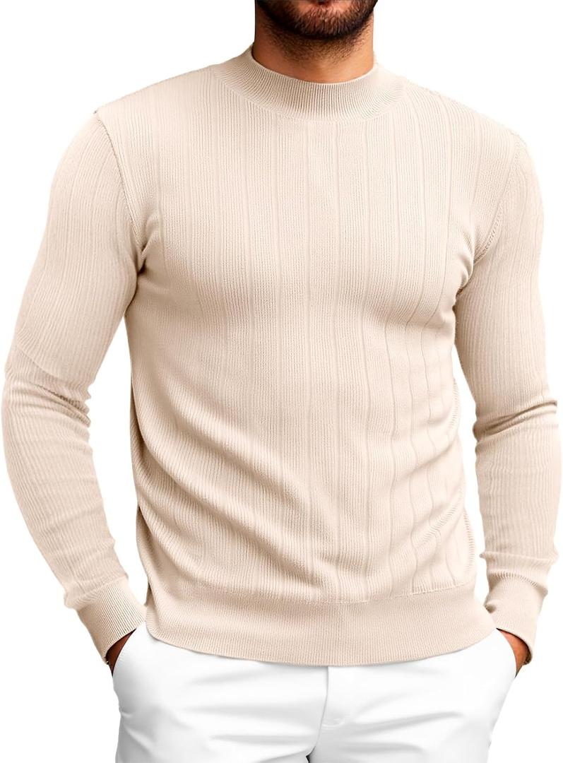 Runcati Mens Mock Turtleneck Sweater Slim Fit Casual Ribbed Knitted Pullover Fall Winter Basic Warm Sweaters (Beige, L)